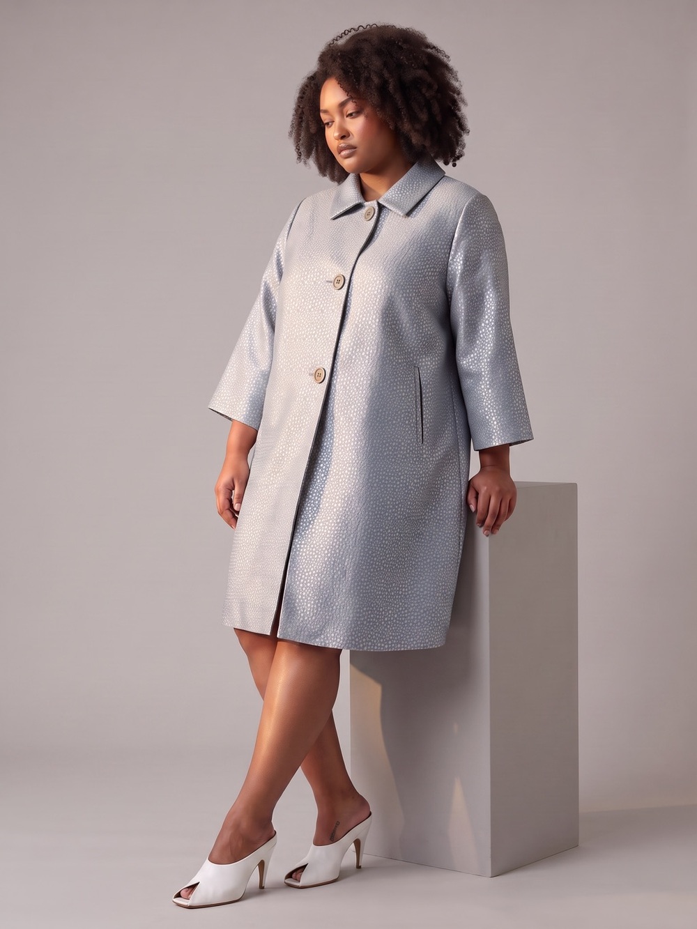 Vintage Ice Blue Textured Jacquard Swing Coat Sz 3X